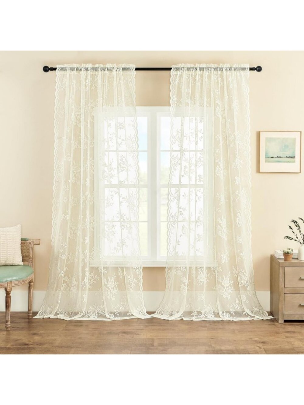 Elegant Cream Lace Curtains - 108" Long, Sheer Floral Panels for Living Room